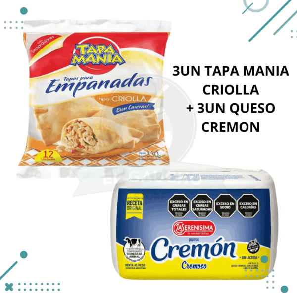 Tapas Empanadas TAPA MANIA CRIOLLA, 3 Paquetes(36 tapas) + Queso CREMON 3 Unidades, 1.5kg (2.5Kg TOTAL)