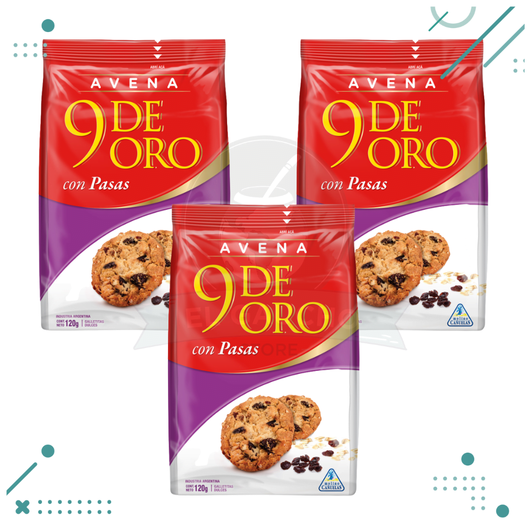 9-de-oro-1.png Galletitas 9 De Oro Avena con Pasas 120gr (pack x3) (360gr) - Imagen 1