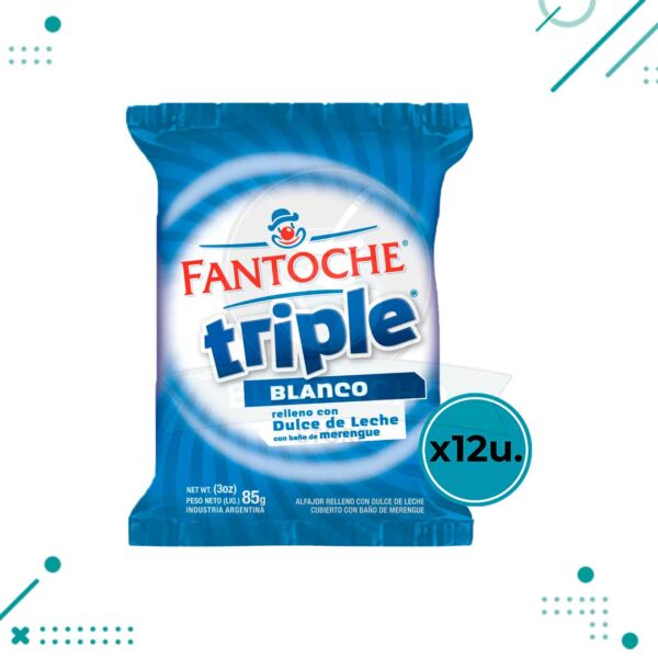 Alfajor Fantoche Triple BLANCO, Relleno con Dulce de Leche (85gr) (pack de 12u) (1020gr)