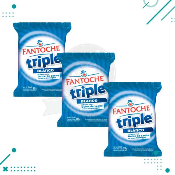 Alfajor Fantoche Triple Blanco, Relleno con Dulce de Leche (85gr) (pack de 3u) (255gr)