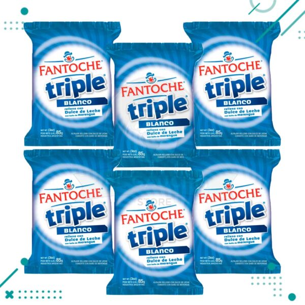 Alfajor Fantoche Triple Blanco, Relleno con Dulce de Leche (85gr) (pack de 6u) (510gr)