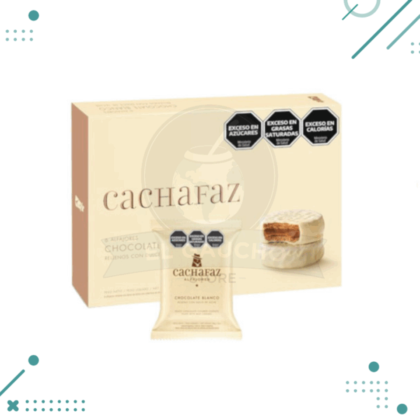 Alfajor Cachafaz Tradicional, relleno con Dulce de Leche, cubierto con Chocolate Blanco (Caja de 6u.) (360gr.)