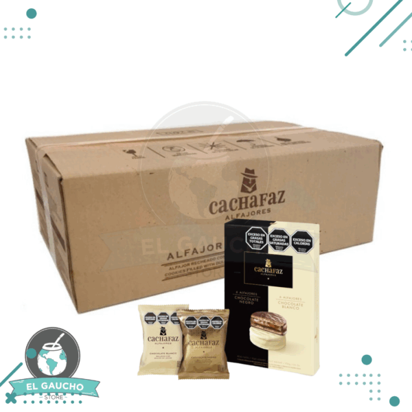 Alfajor Cachafaz Tradicional Mixto, relleno con Dulce de Leche, cubierto con Chocolate Negro (6u.) + Chocolate Blanco (6u.) (Total Caja de 12u.) (720gr.) (Pack 6 cajas).(4.4 kg)