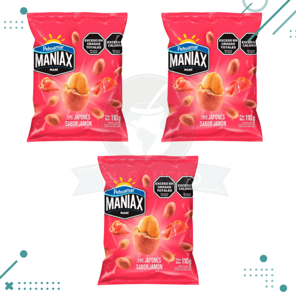 Pehuamar MANIAX Maní Tipo Japonés Sabor Jamon 110 gr x 3 unidades (330gr)
