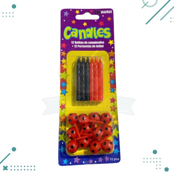 12 Velas de cumpleaños rojo y negro con 12 portavelas pelota futbol