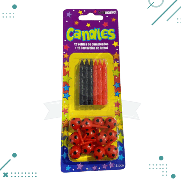 12 Velas de cumpleaños rojo y negro con 12 portavelas pelota futbol