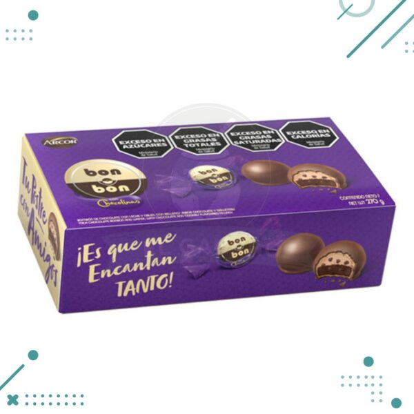 Bombón Bon o Bon Chocolinas, de Chocolate con Leche y Oblea, con rellenos sabor Chocolate y Galletitas (15gr.)(270gr.)