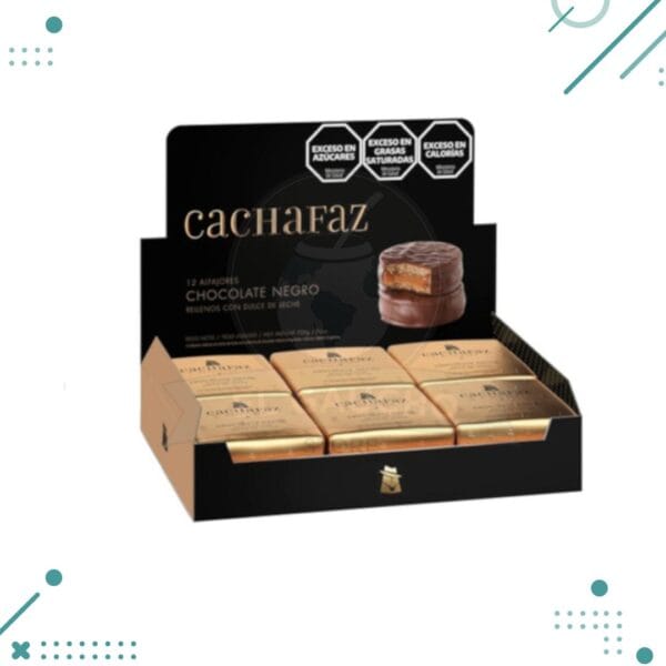 Alfajor Cachafaz CHOCOLATE NEGRO, relleno con Dulce de Leche, cubierto con Chocolate (Caja de 12u.) (720gr.)