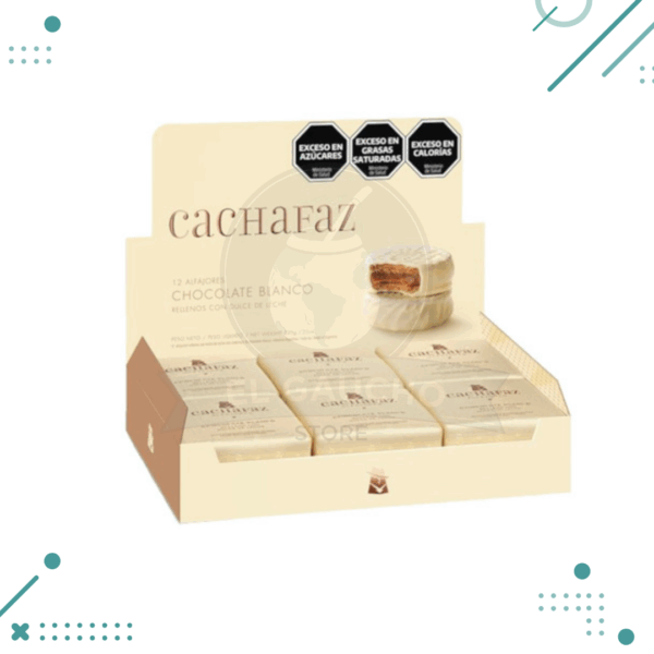 Alfajor Cachafaz Tradicional, relleno con Dulce de Leche, cubierto con Chocolate Blanco (Caja de 12u.) (720gr.)