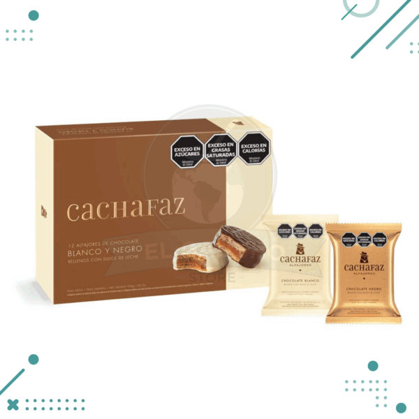 Alfajor Cachafaz Tradicional Mixto, relleno con Dulce de Leche, cubierto con Chocolate Negro (6u.) + Chocolate Blanco (6u.) (Total Caja de 12u.) (720gr.)