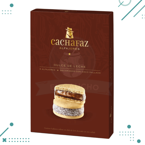 Alfajor Cachafaz Maicena, relleno con Dulce de Leche, decorado con Coco Rallado (Caja de 6u.) (360gr.)