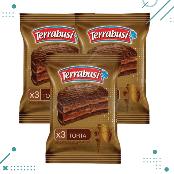 Alfajor Terrabusi Triple TORTA, con Dulce de Leche, con Baño de Repostería (70gr)(3un)(210gr)
