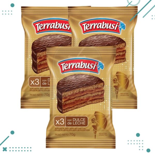 Alfajor Terrabusi Triple, con Dulce de Leche, con Baño de Repostería (70gr.)(3un)(210gr)