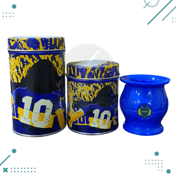 Set Mate Boca Juniors x 3 piezas (mate + yerbera-lata + azucarera-lata) MOD 2
