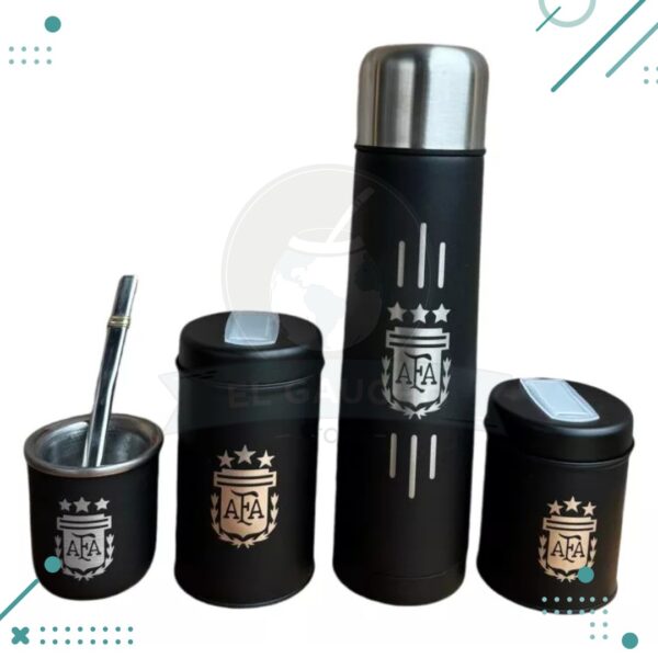 Set Matero Completo Grabado - Termo Acero, Yerb. Azuc. Mate y Bombilla (AFA) (500ml)