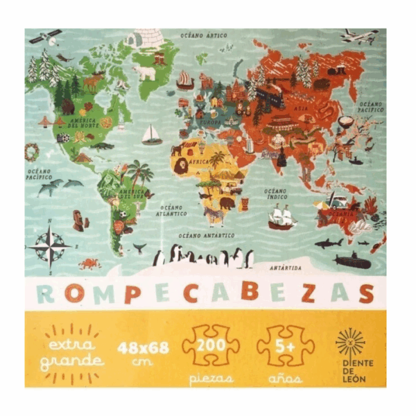 Diente De León Rompecabezas Puzzle Jigsaw 200 Pieces Piezas, Mapa World Map, Mapamundi, 48 x 68 cm / 18.89" x 26.77"