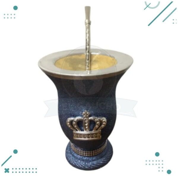 Mate Artesanal con Brillos + Bombilla pico de loro, CELESTE Premium