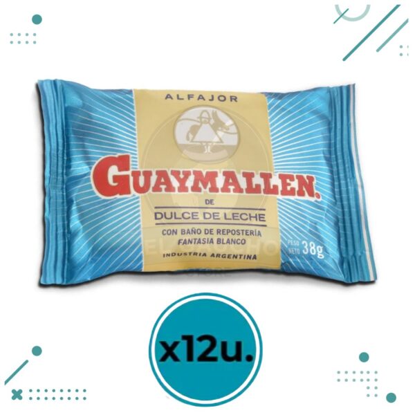 Alfajor Guaymallen Blanco, Relleno con Dulce de Leche, Baño de Chocolate Blanco (38gr) (Pack de 12u) (456gr)