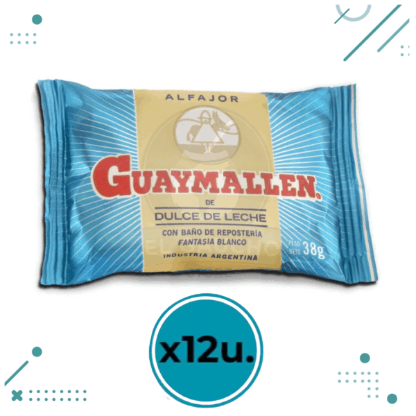 Alfajor Guaymallen Blanco, Relleno con Dulce de Leche, Baño de Chocolate Blanco (38gr) (Pack de 12u) (456gr)