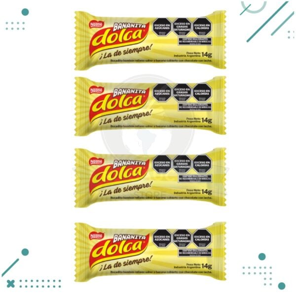 Bananita Dolca Bocadito, con suave relleno sabor a Banana y cobertura de Chocolate con Leche (14gr.) (Pack x4u.) (56gr.)