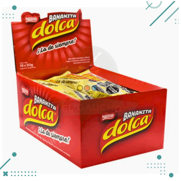 Bananita Dolca Bocadito GRANDE, con suave relleno sabor a Banana y cobertura de Chocolate con Leche (30gr.) (Caja de 16u.) (480gr.)
