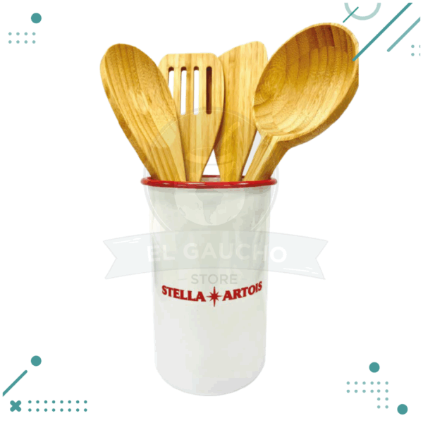Set De Utensilios De Bambú Stella Artois x4un + Contenedor Enlozado