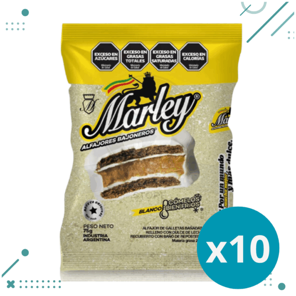 Marley Alfajores Bajoneros Blancos, Relleno con Dulce de Leche, Recubierto Con Baño De Reposteria (75gr) (Pack de 10u) (750gr)