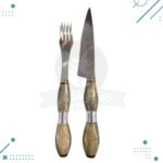 Cuchillo y tenedor mango madera ondulado+ funda 100% cuero