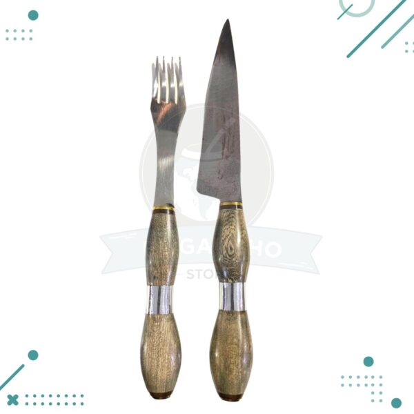 Cuchillo y tenedor mango madera ondulado+ funda 100% cuero