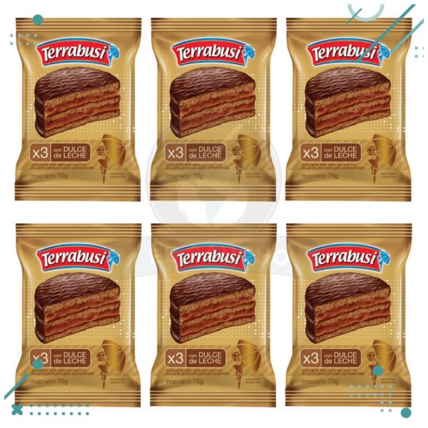 Alfajor Terrabusi Triple, con Dulce de Leche, con Baño de Repostería (70gr.) (6u.) (420gr.)