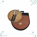 Porta Set Asado Cuero Color Marron (Plato de Madera, Tenedor, Cuchillo)