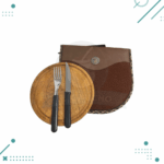 Porta Set Asado Cuero Carpincho Color Marron (Plato de Madera, Tenedor, Cuchillo)