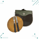 Porta Set Asado Cuero Carpincho Color Verde (Plato de Madera, Tenedor, Cuchillo)