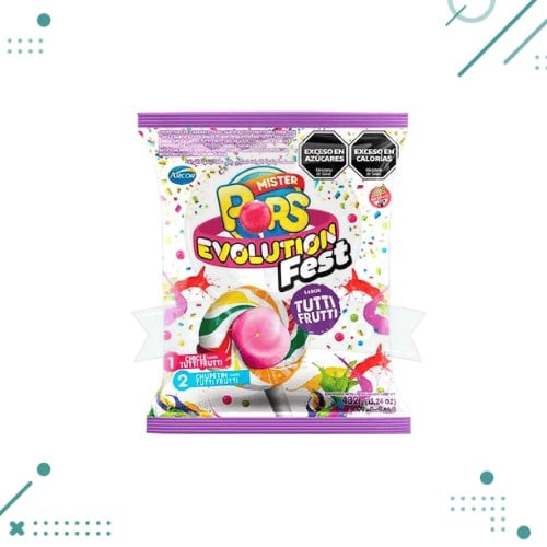 x12 un (18) Chupetín Mister Pops Evolution Fest, Tutti Frutti x432g - Imagen 1