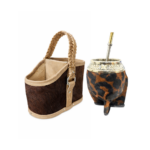 Combo Matero - Mate Torpedo Cincelado Animal Print (marron) + Media Canasta Premium Pelo Vacuno Marron + Bombilla