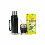 Combo Matero - Termo 1.2L Acero con Manija (negro) + Mate Imperial Negro Croquelado con Bolitas de Acero + Yerba Playadito 500g + Bombilla