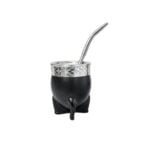 Mate Imperial Interior Calabaza, Guarda De Acero, Cuero Negro Liso + Bombilla De Regalo
