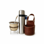 Combo Matero - Termo Media Manija Acero + Mate Tejido En Tiento Con Pie + Porta Mate Cuero Marron + Bombilla de regalo