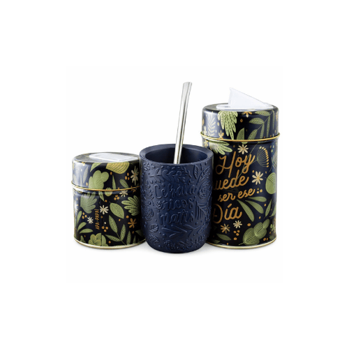 centella - 2026-02-24T095643.373 Combo Matero - Mate 3D Diseño Flores (negro) + Yerbera/Azucarera Lata "Hoy Puede Ser Ese Dia" - Imagen 1