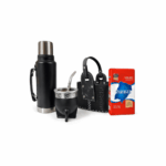 Combo Matero - Termo Acero Inoxidable 1.2L con Manija (negro)+ Mate Imperial Negro con Bombilla + Canasta Matera Uruguaya (negro) + Yerba Taragui 250g
