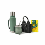 Combo Matero - Termo Acero Inoxidable 1.2L con Manija (verde) + Mate Camionero Nativo (verde) con Bombilla + Canasta Matera Uruguaya Negra + Yerba Mañanita 250g