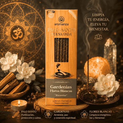 productos - 2026-05-06T142546.208 Sahumerio Aromanza, Palo Santo Buena Onda GARDENIAS FLORES BLANCAS, Bienestar (8 Varillas) - Imagen 1