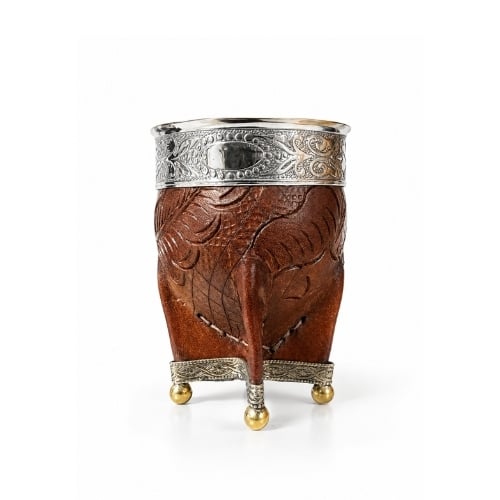 block dubai - 2026-06-26T133449.943 Mate Imperial Calabaza, Cuero Tallado con Base Bolitas (Color Marron) (12x9cm aprox) - Imagen 1