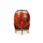 Mate Torpedo Calabaza, Virola de Alpaca Cincelada, Cuero Repujado y Base de Bolitas (Color Marron)(13x8cm aprox.)