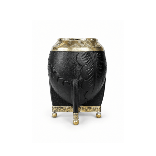 vivi el hoy (6) Mate Torpedo Calabaza, Virola de Alpaca Cincelada, Cuero Repujado y Base de Bolitas (Color Negro)(13x8cm aprox.) - Imagen 1