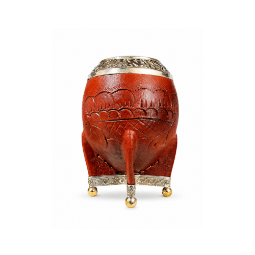 vivi el hoy Mate Torpedo Calabaza, Virola de Alpaca Cincelada, Cuero Repujado y Base de Bolitas (Color Marron)(13x8cm aprox.) - Imagen 1